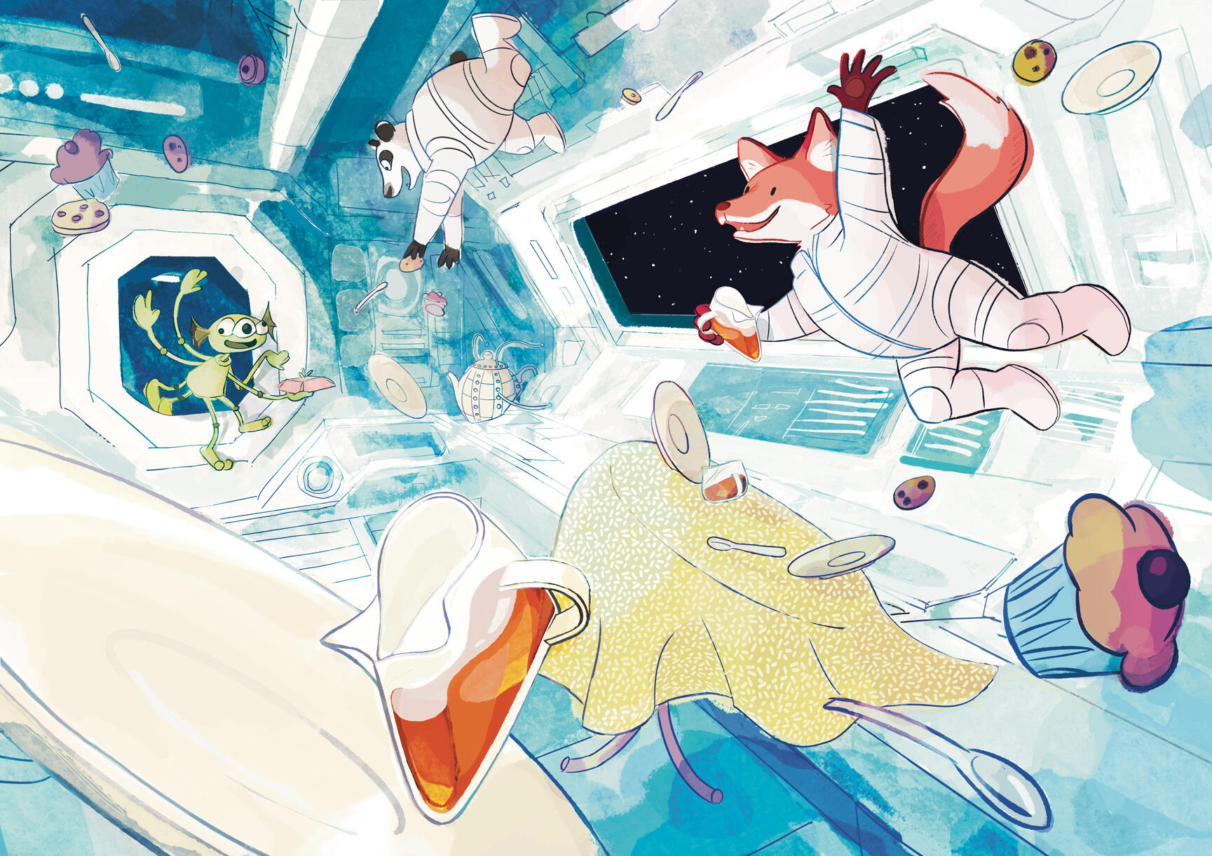 Illustrazione a doppia pagina per una libro illustrato e scritto e da me (+4) intitolato Zero GraviTea: ulteriori informazioni su richiesta